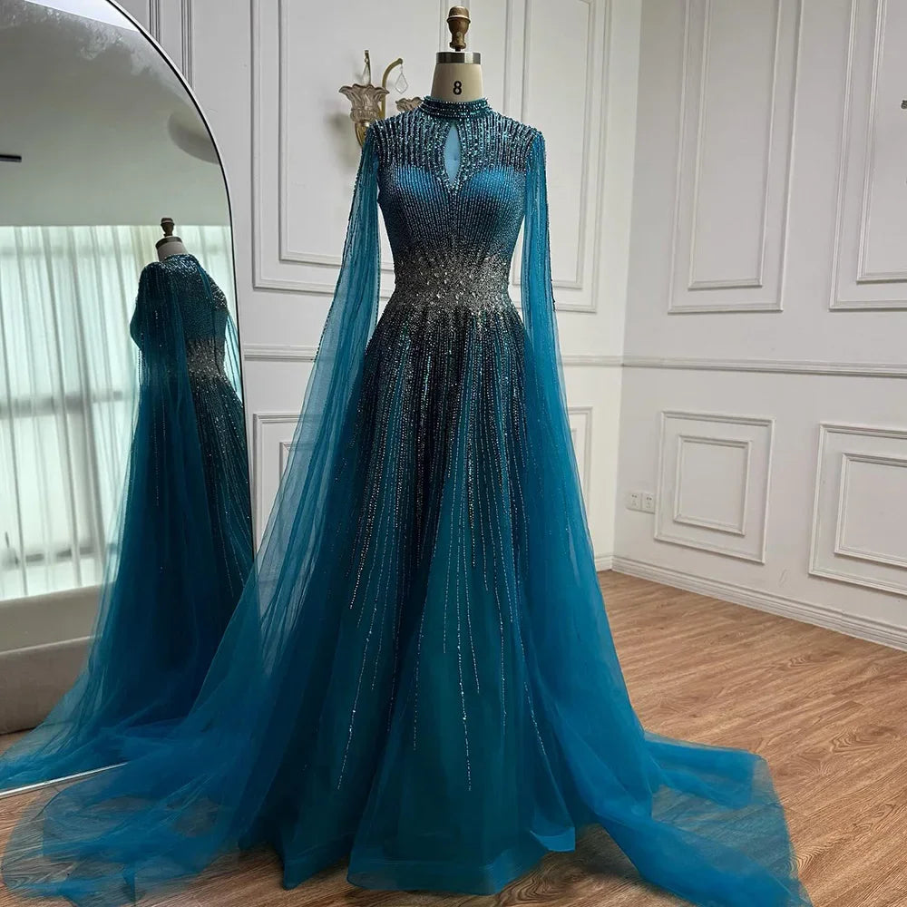 Custom Elegant Modest Blue Beaded Dubai Gown With Cape Sleeves
