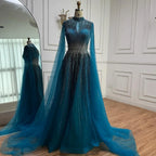 Custom Elegant Modest Blue Beaded Dubai Gown With Cape Sleeves