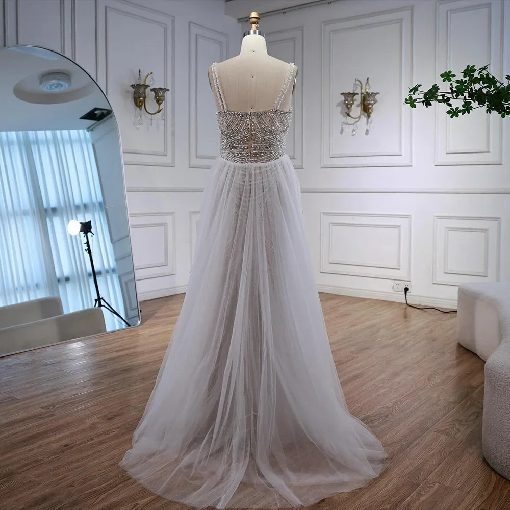 Custom White Nude V Neck Sleeveless Mermaid Beaded Wedding Gown