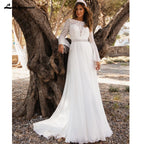 Boho Chiffon Wedding Dress Flare Sleeve Boat Neck Lace Backless Bridal