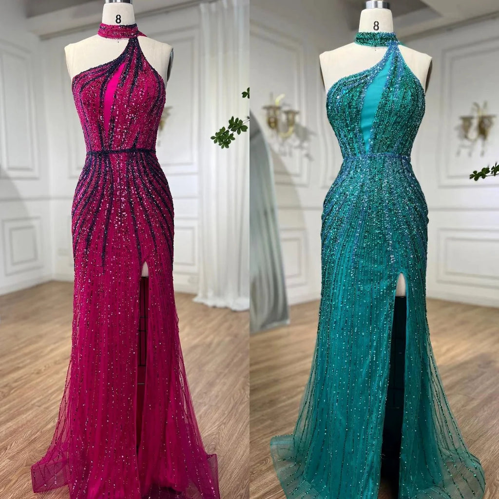 Green Halter Beaded Mermaid Evening Gown With High Split Custom Made For Women