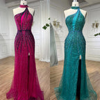 Green Halter Beaded Mermaid Evening Gown With High Split Custom Made For Women