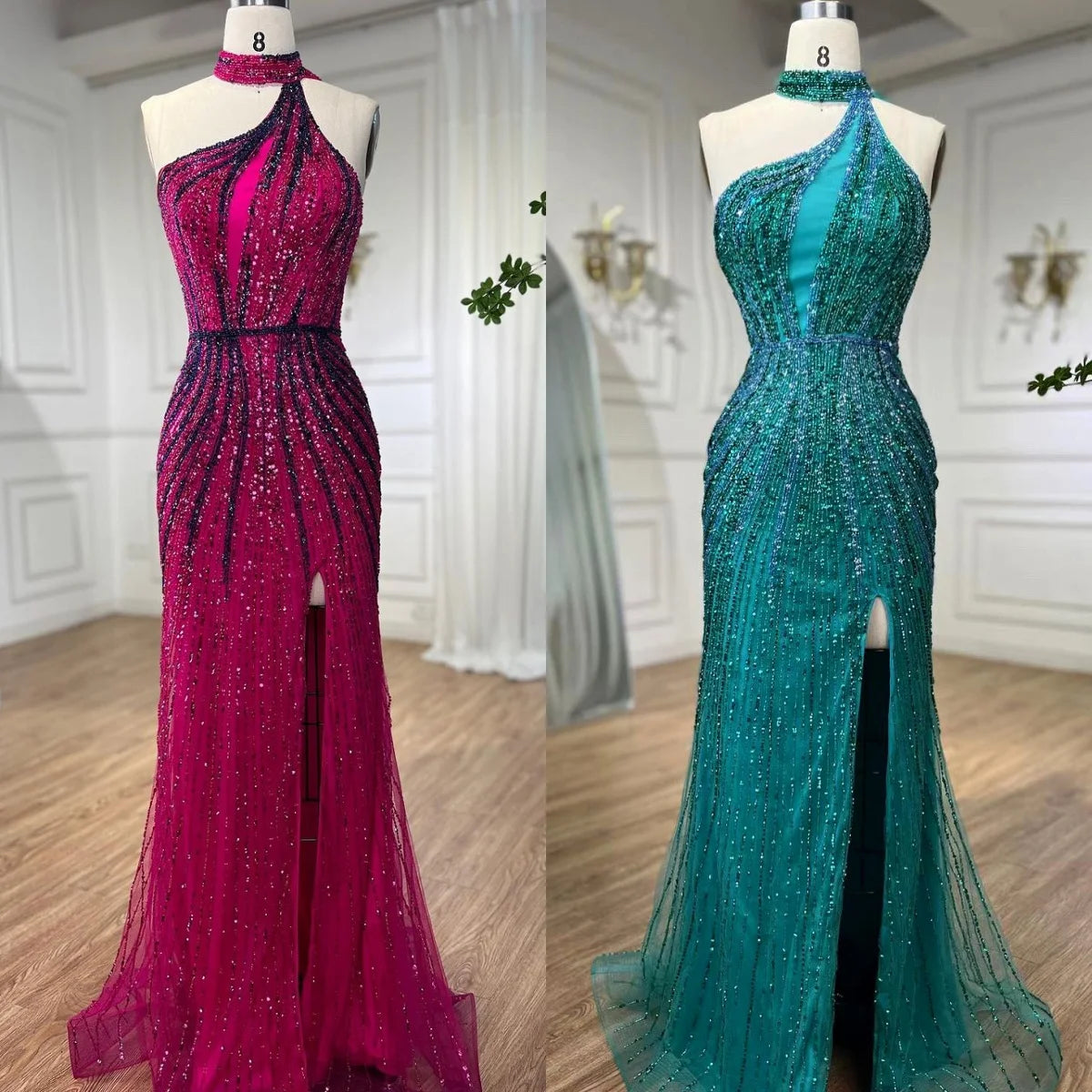 Green Halter Beaded Mermaid Evening Gown With High Split Custom Made For Women