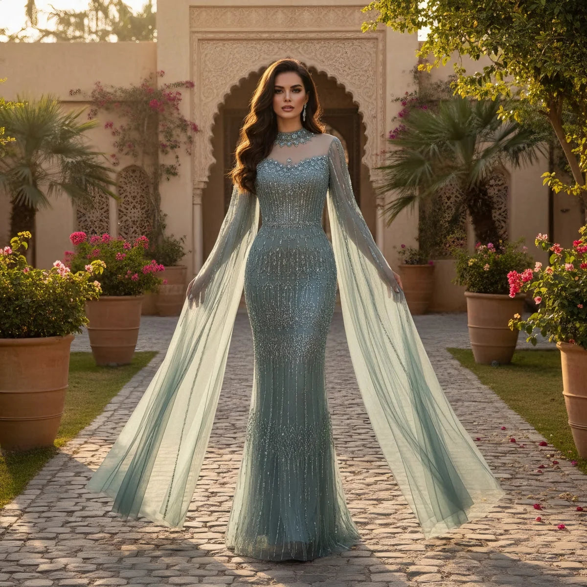 Customized Turquoise Beaded Mermaid Evening Dress With Cape Sleeves For Women