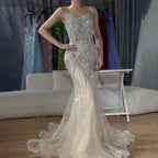 Serene Hill Silver Nude Spaghetti Strap Mermaid Evening Dress