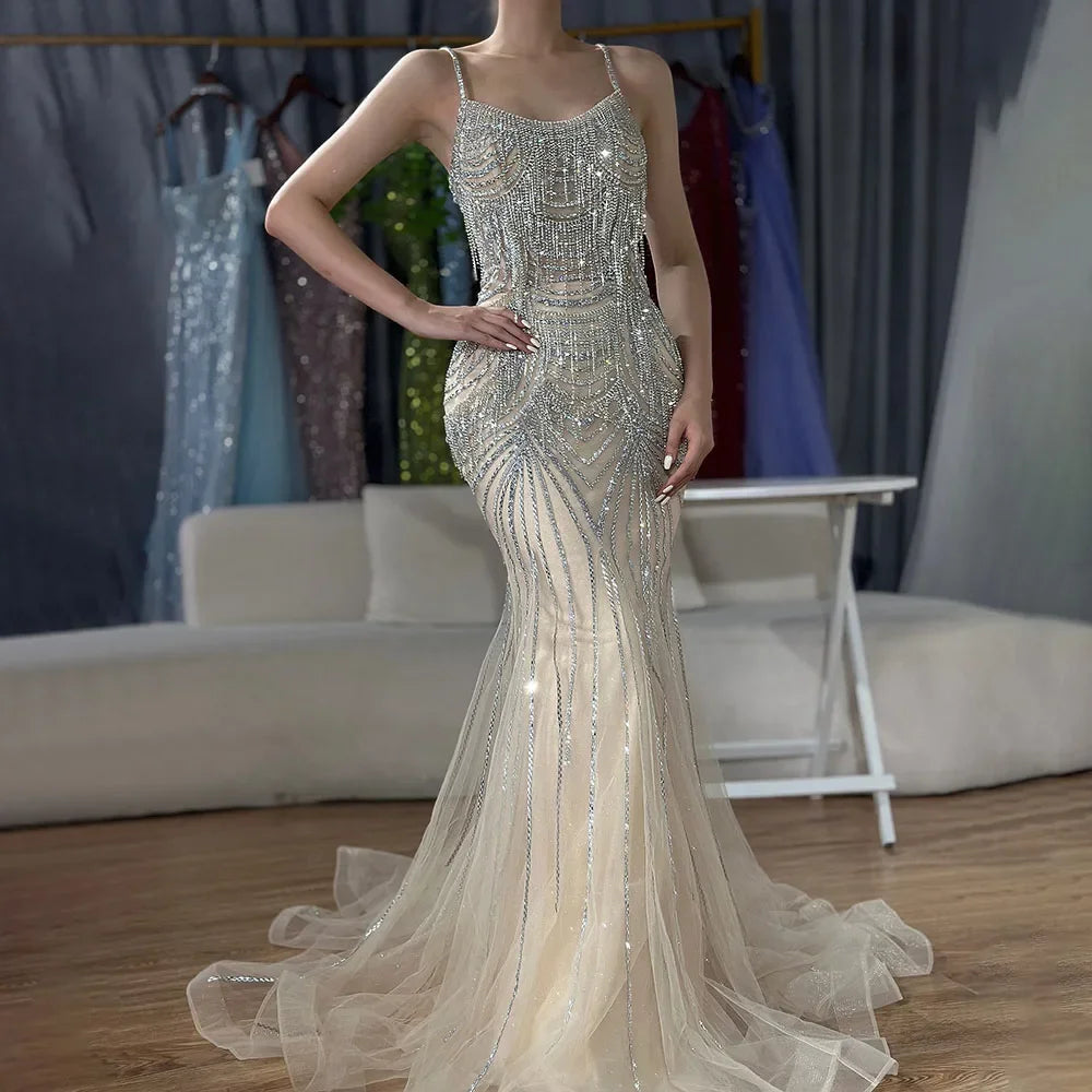 Serene Hill Silver Nude Spaghetti Strap Mermaid Evening Dress