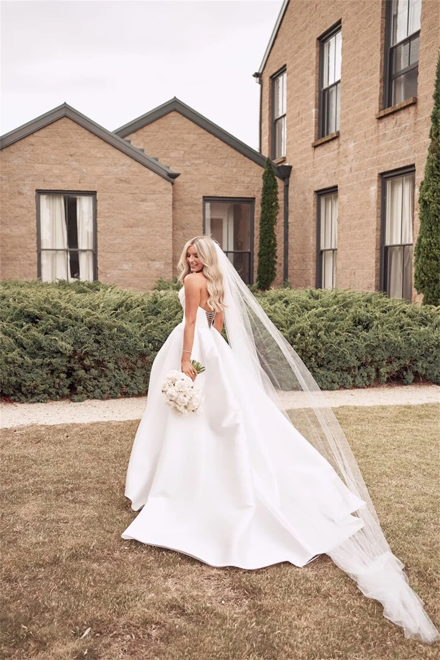 Custom Satin A Line Wedding Dress Appliqued Pleated Side Slit Sweetheart
