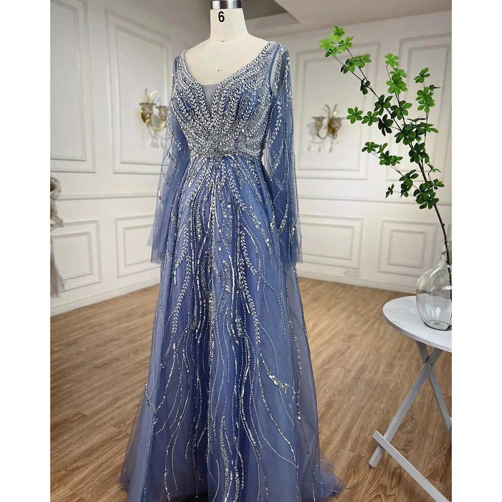 Custom Blue A Line Beaded Formal Evening Dress Arabian Wedding Gown For Women