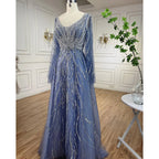 Custom Blue A Line Beaded Formal Evening Dress Arabian Wedding Gown For Women