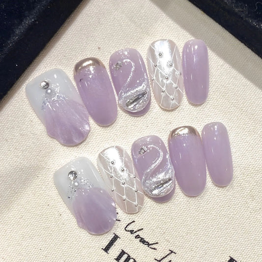 10 uñas postizas de sirena hechas a mano, cortas, almendradas, brillantes, estilo ojo de gato, con diseños de cisne 3D, uñas postizas francesas moradas. 