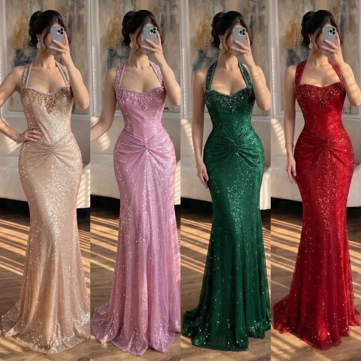 Rose Gold Mermaid Beaded Evening Dress With Ruched Waist Custom Wedding Gown