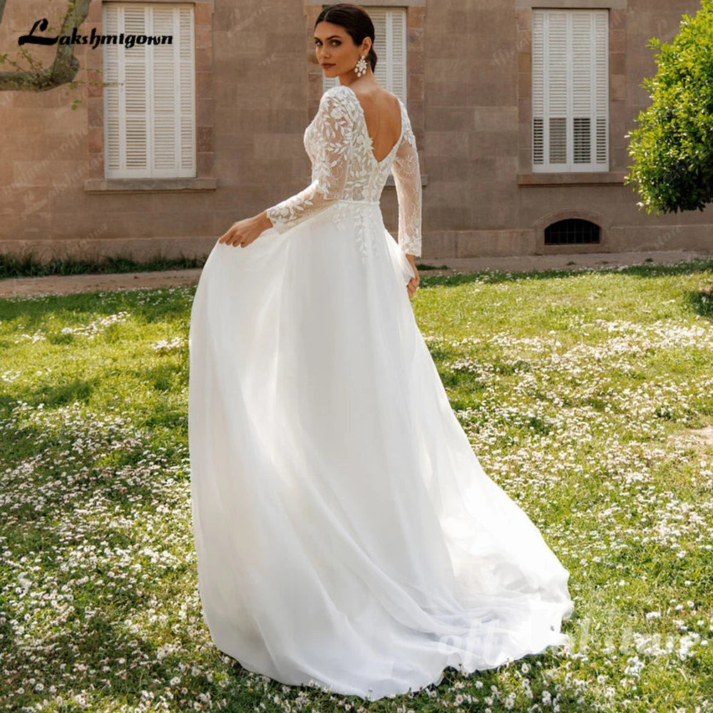 Lakshmigown Lace V-Neck Chiffon Wedding Dress A-Line Backless Customized