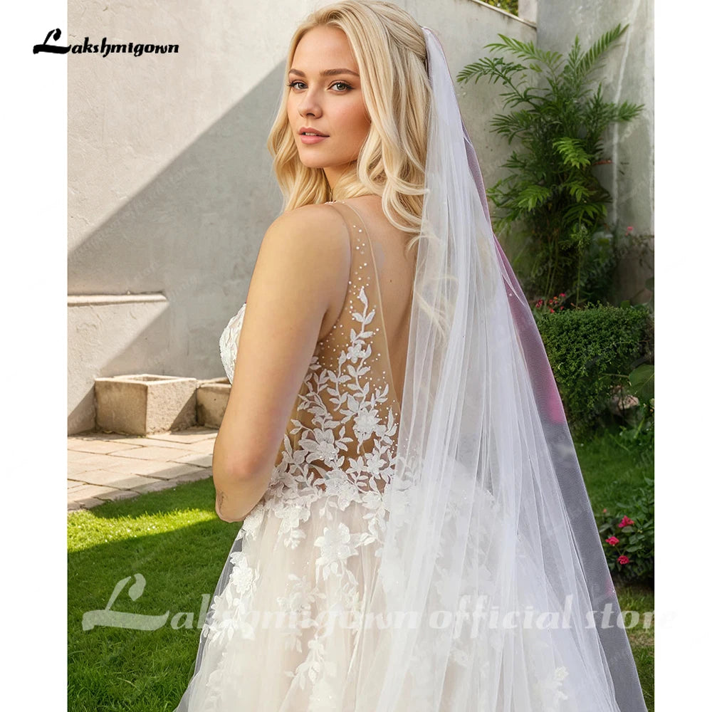 Lakshmigown Flowy A Line Tulle V Neck Wedding Dress With Custom Made Beach Bridal Gown