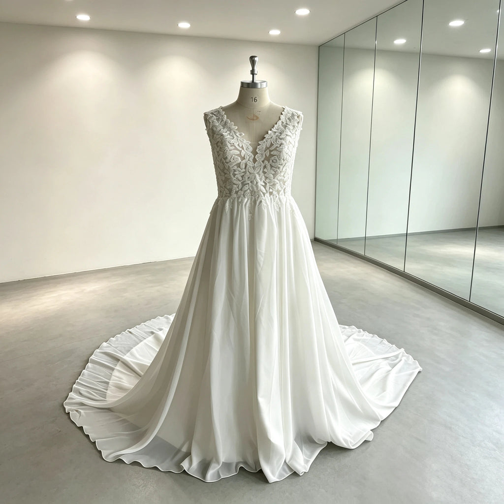Plus Size Wedding Dress A Line Chiffon Lace Appliques Custom Bridal Gown