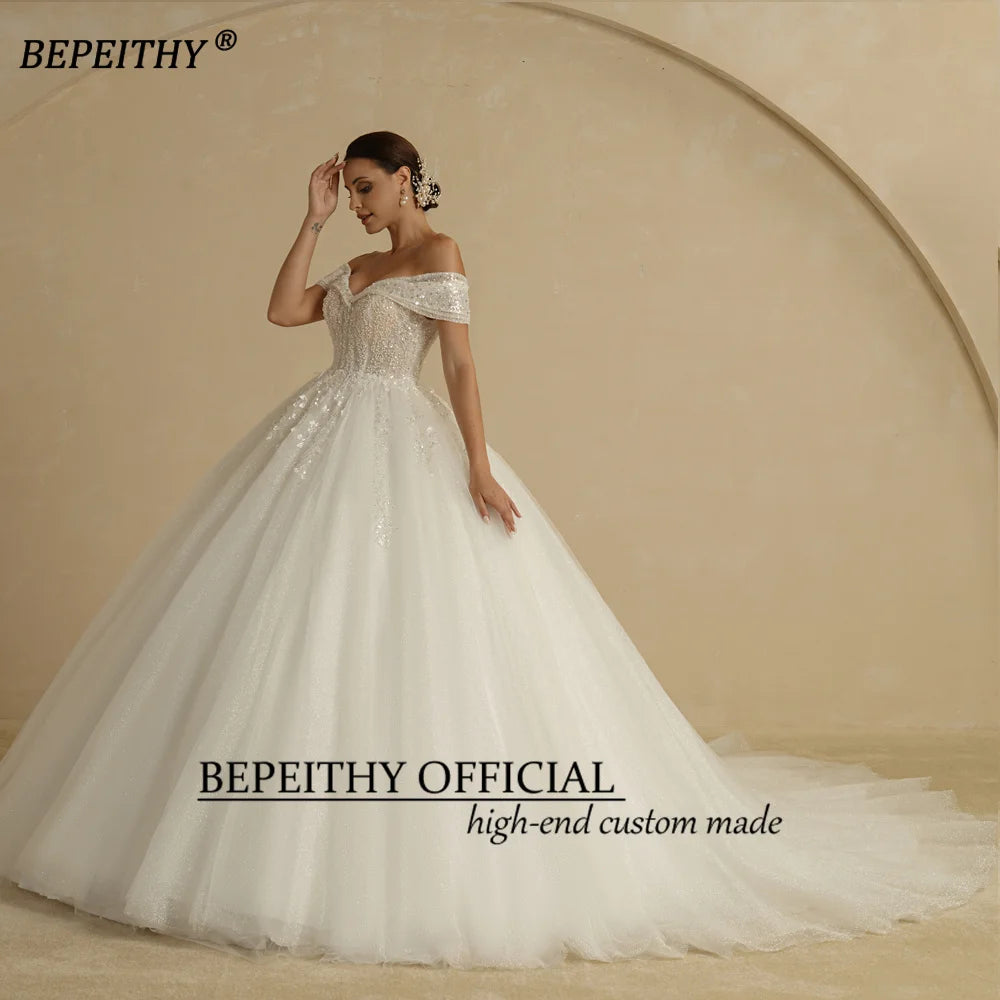 Customized Plus Size Off Shoulder Glitter Princess Ball Wedding Dress