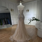Luxury Nude Pink Crystal Tassel Mermaid Evening Dress LA72772