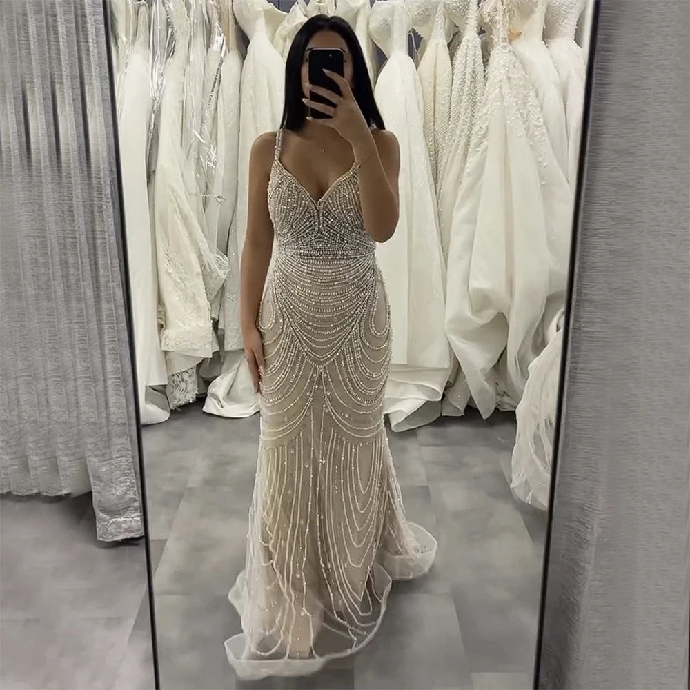 Custom White Nude V Neck Sleeveless Mermaid Beaded Wedding Gown