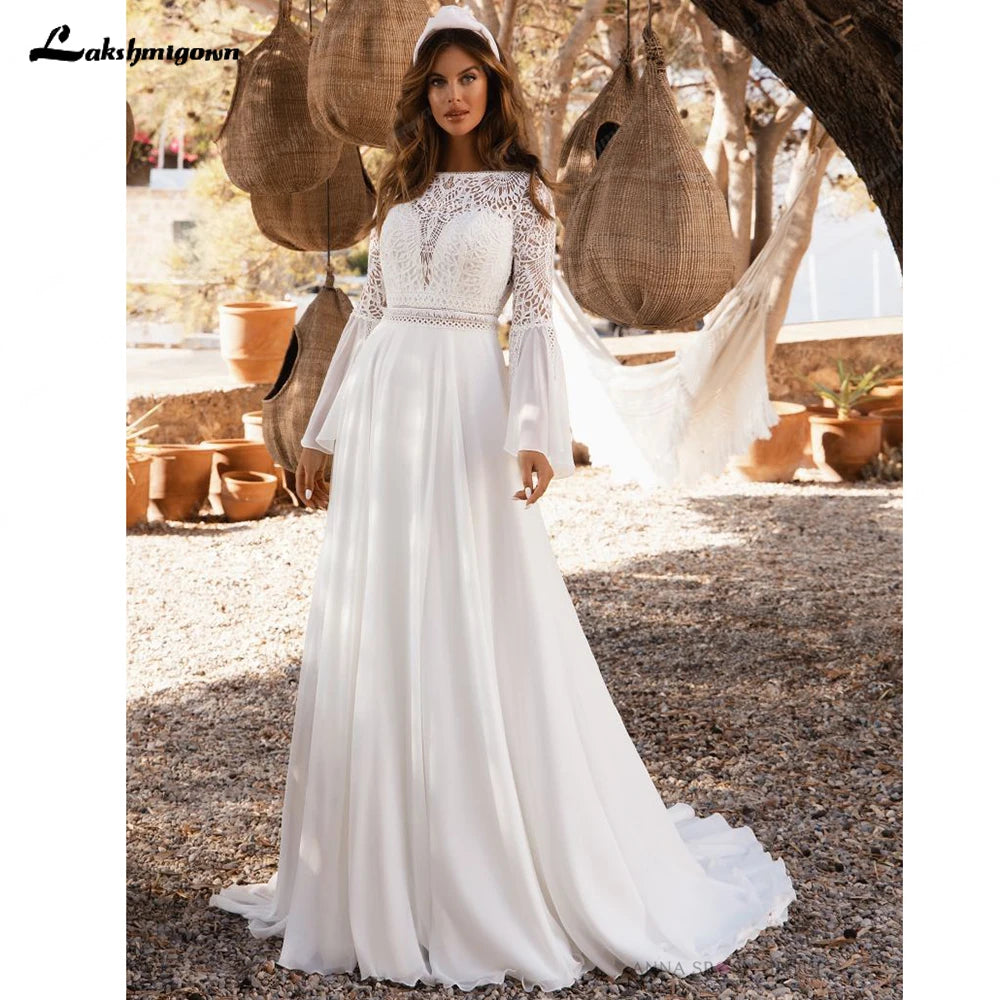 Boho Chiffon Wedding Dress Flare Sleeve Boat Neck Lace Backless Bridal