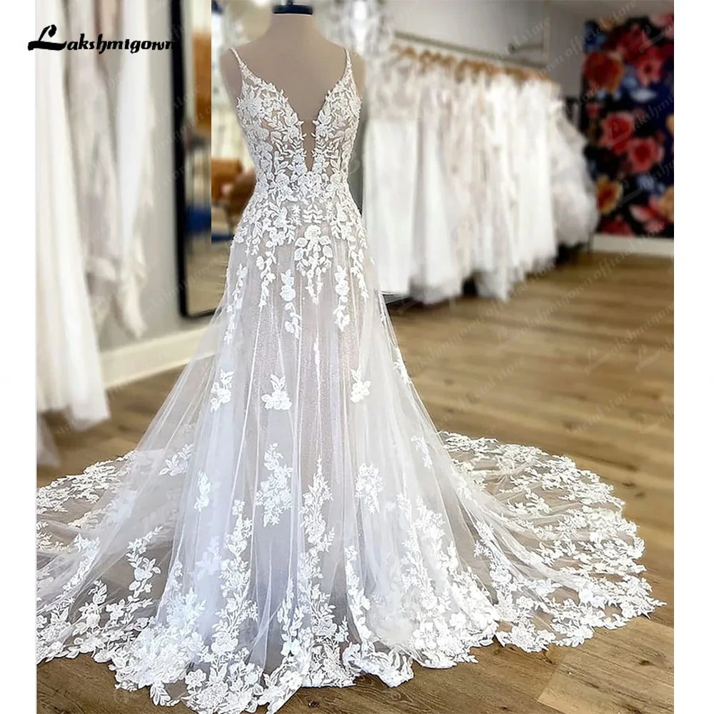 Custom Boho Lace A Line Bridal Wedding Dress Spaghetti Straps