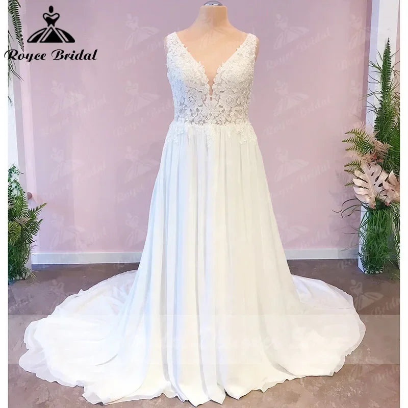 Plus Size Custom A Line Wedding Dress V Neck Lace Chiffon Bride Gown