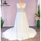 Plus Size Custom A Line Wedding Dress V Neck Lace Chiffon Bride Gown