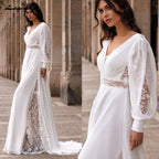 Custom Chiffon Bridal Gown 2026 Puff Sleeve Lace A Line Wedding Dress