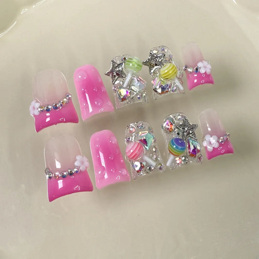 10 uñas postizas de fantasía con diseño de piruleta, color rosa degradado, estilo francés, Y2k, con forma de estrella y diamante, uñas postizas con diseño de pico de pato dulce. 
