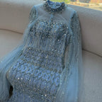 Blue Beaded Evening Dress With Cape Sleeves Custom Formal Gown For Women