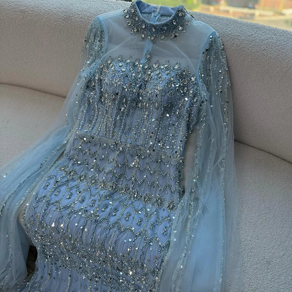 Blue Beaded Evening Dress With Cape Sleeves Custom Formal Gown For Women