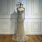 Nude Strapless Mermaid Beaded Pearl Evening Party Dress With Tassel