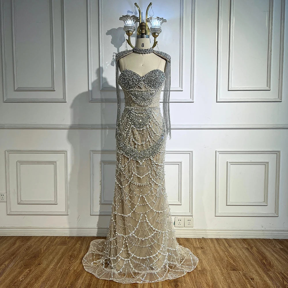 Nude Strapless Mermaid Beaded Pearl Evening Party Dress With Tassel
