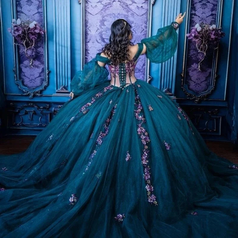 Teal Quinceanera Dresses Ball Gown Off The Shoulder Appliques Floral Sweet 16 Dresses 15 Años Customized