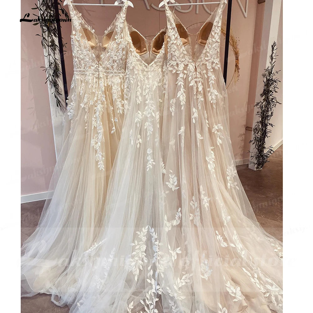 Custom Made Champagne Bridal Gown With V Neck Lace Appliques