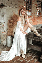 Bohemian Cold Shoulder Wedding Dress With Bell Sleeves And Side Slit