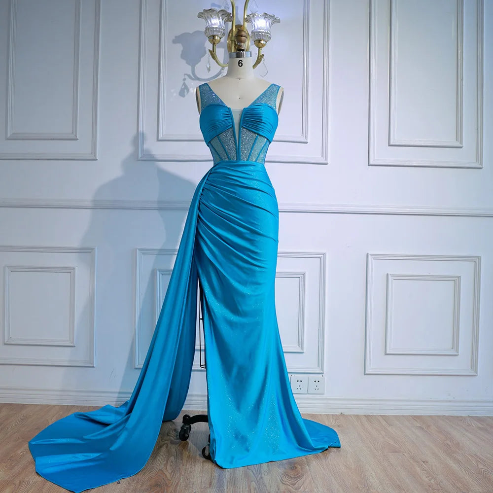 Blaues Abschlussballkleid mit seitlichem Überrock und Spaghettiträgern LA73011