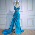 Blaues Abschlussballkleid mit seitlichem Überrock und Spaghettiträgern LA73011