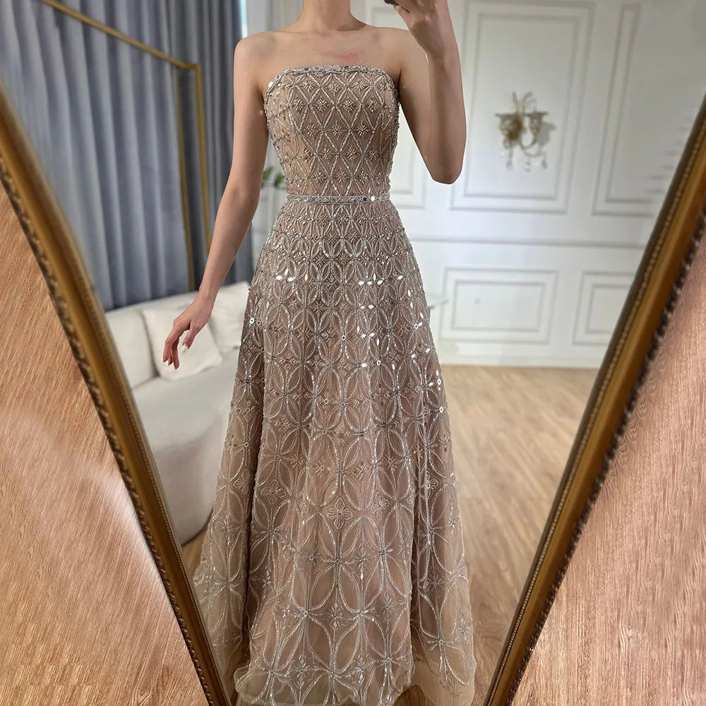 Serene Hill Caramel Strapless Beaded A Line Evening Prom Dress