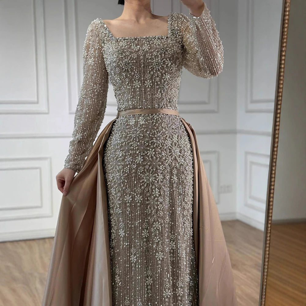 Serene Hill Turquoise Square Collar Mermaid Evening Dress With Long Sleeves