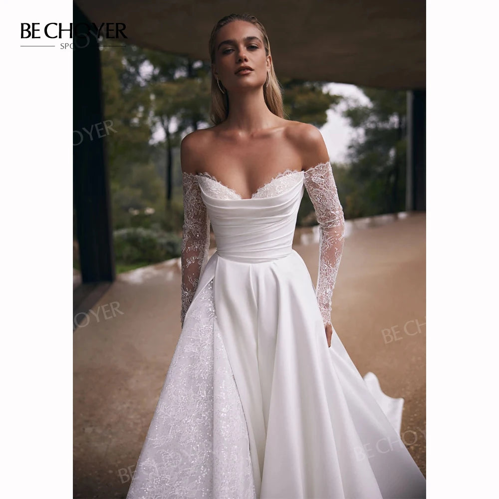 Customized Off The Shoulder A Line Wedding Dress Long Sleeve Appliques Gown