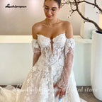 Custom Off The Shoulder A Line Lace Wedding Dress With Removable Sleeves