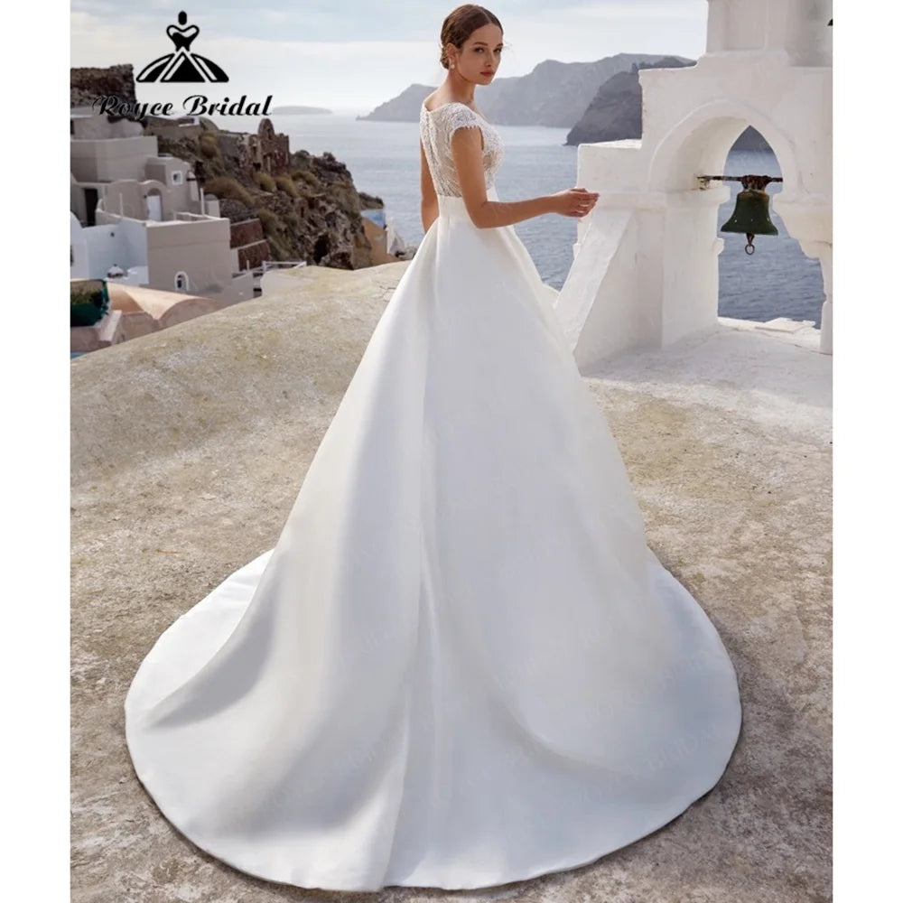 Roycebridal Custom Ballgown Wedding Dress V Neck Lace Illusion Chapel Train