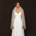 Vintage Pearl Beaded Fingertip Wedding Veil Single Layer Tulle Comb