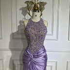 Custom Lilac Halter Mermaid Evening Gown Side Slit Wedding Bridesmaid Dress