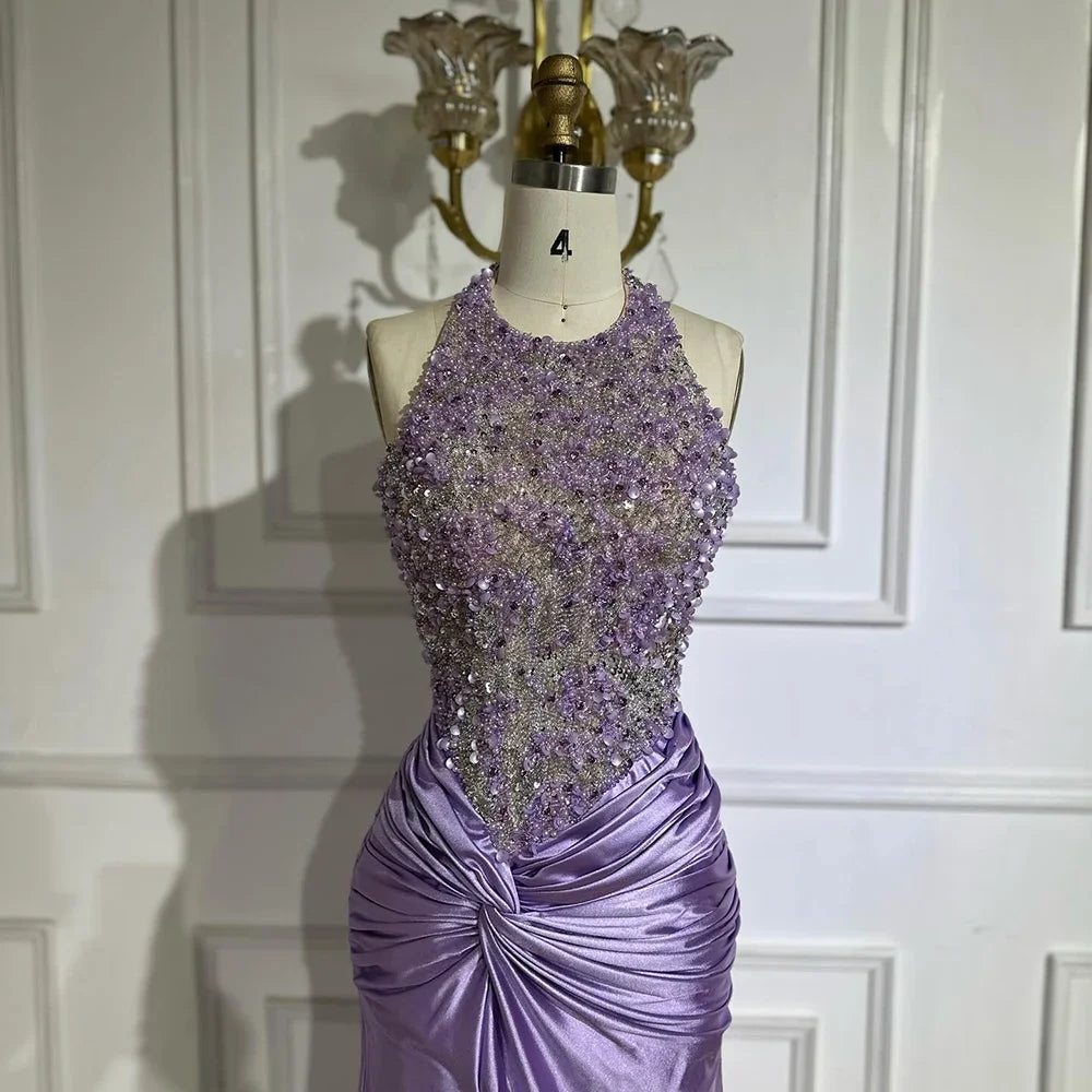 Custom Lilac Halter Mermaid Evening Gown Side Slit Wedding Bridesmaid Dress