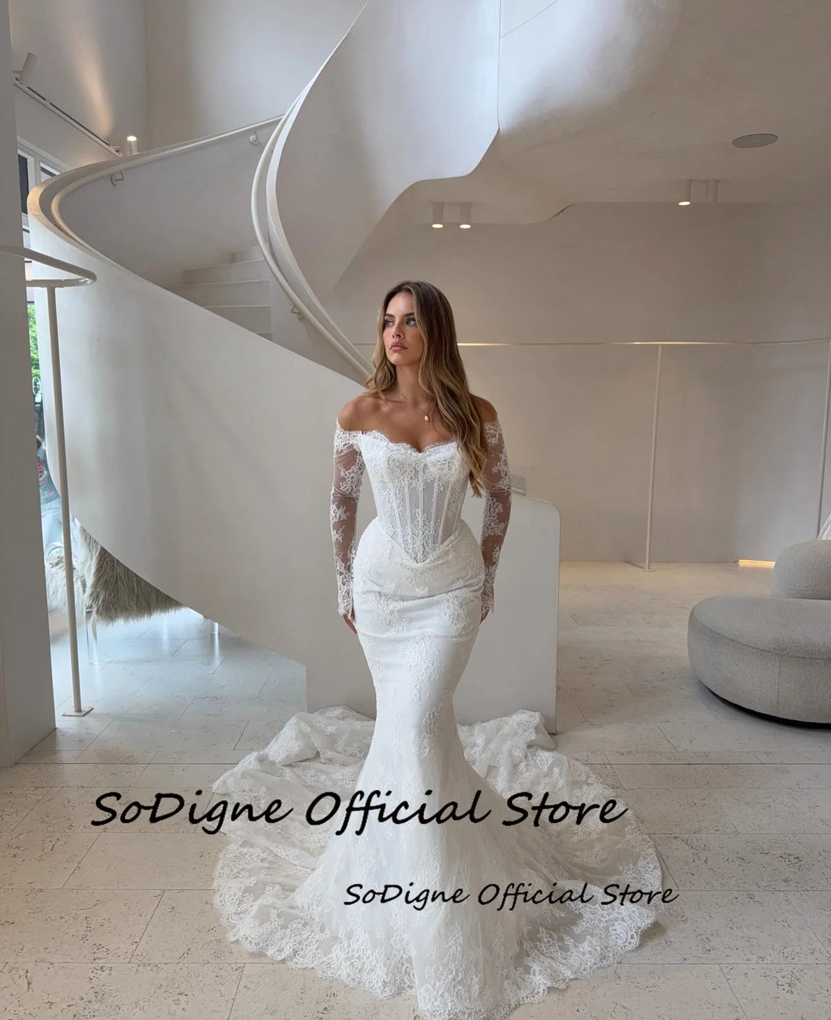 SoDigne Mermaid Lace Wedding Dress With Long Sleeves For Bride