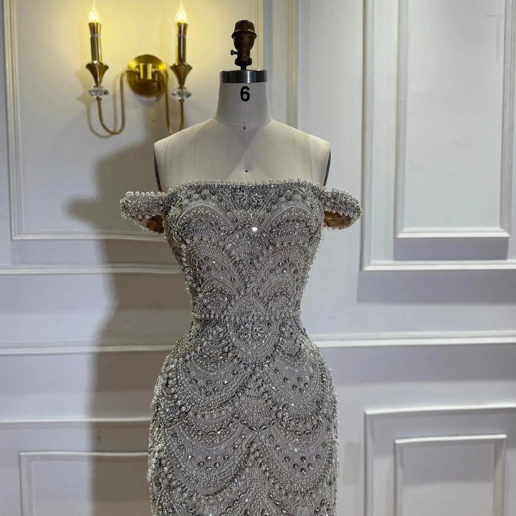 Serene Hill Pearl Beaded Mermaid Off Shoulder Formal Evening Dress