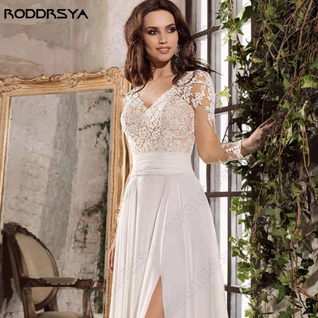 Chiffon A Line Wedding Dress Long Sleeve V Neck Split Appliques