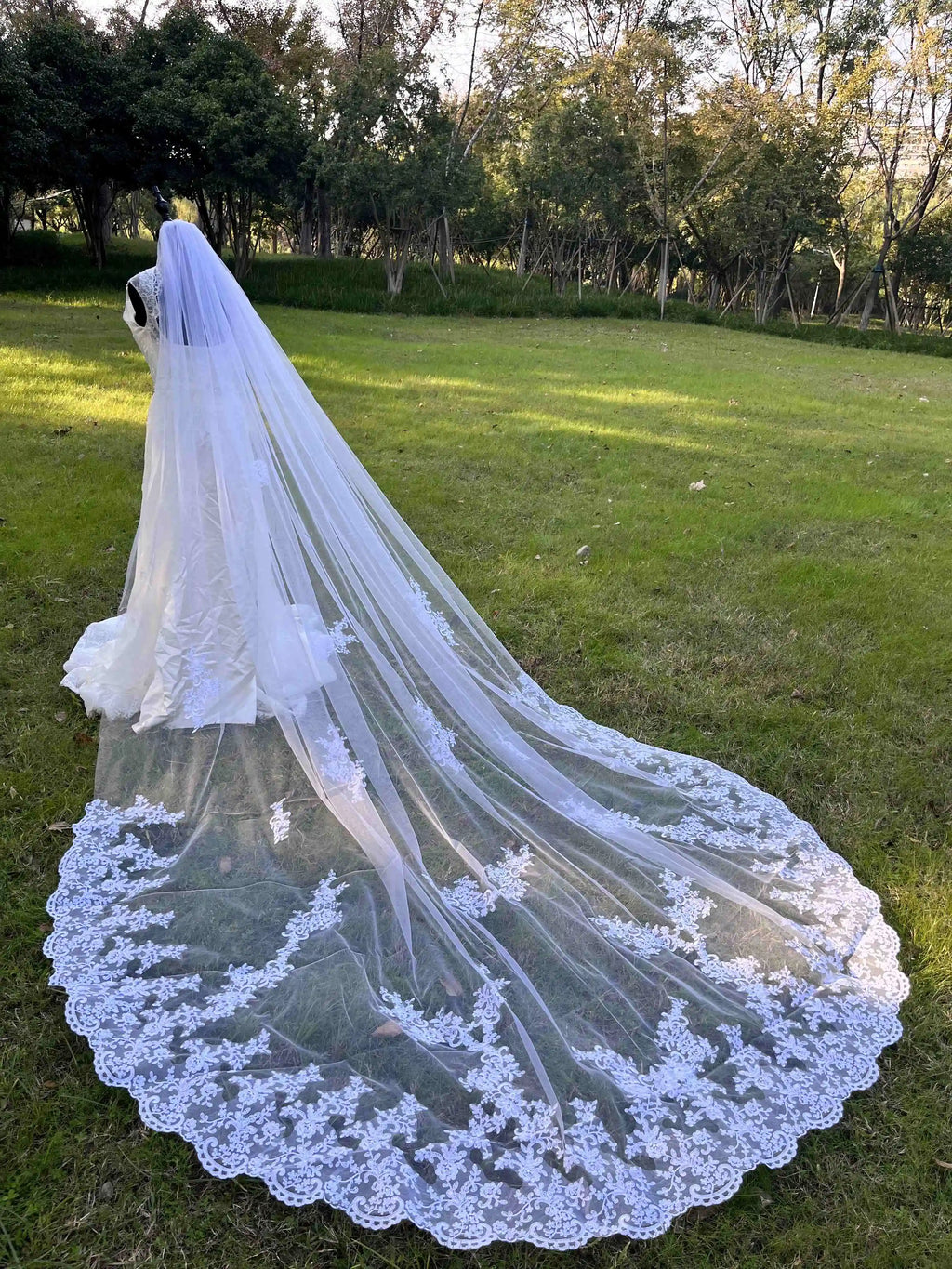 Ivory White One Layer Tulle Bridal Veil With Lace Cathedral Wedding