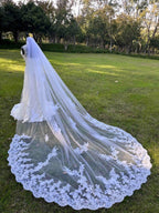 Ivory White One Layer Tulle Bridal Veil With Lace Cathedral Wedding