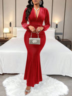 BWQ Women's Autumn & Winter Elegant And Gorgeous Solid Color Texture Fabric Velvet V-Neck Pleated Mermaid Dress For Party
